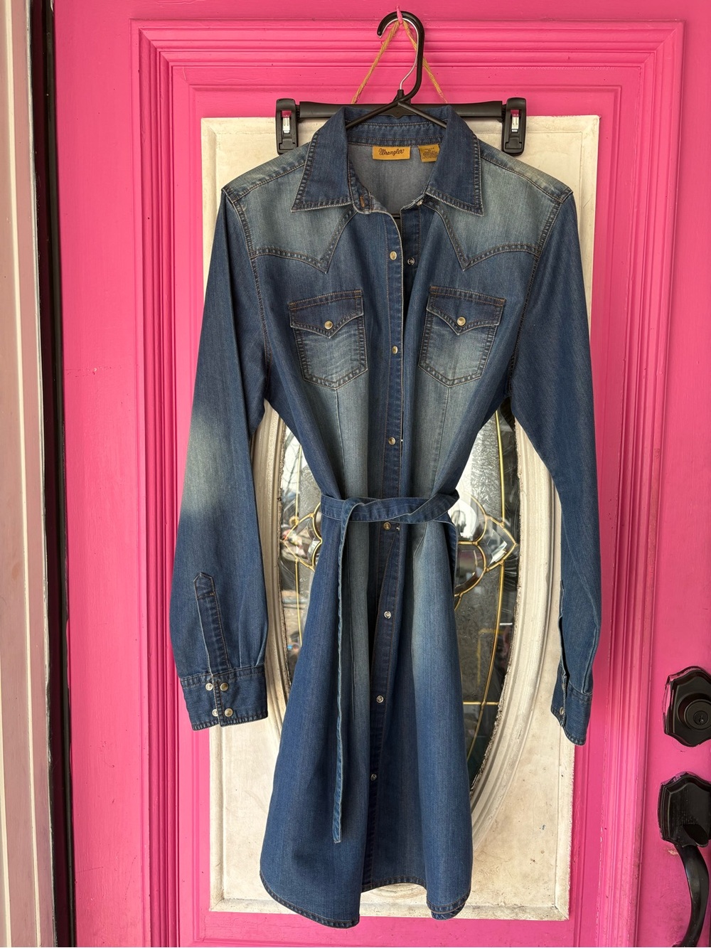 Wrangler Blue Long-Sleeve Denim Shirt Dress with Waist Tie